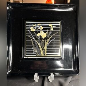 ACTION VTG Black plastic Dragonfly and Iris serving tray. Made in Japan